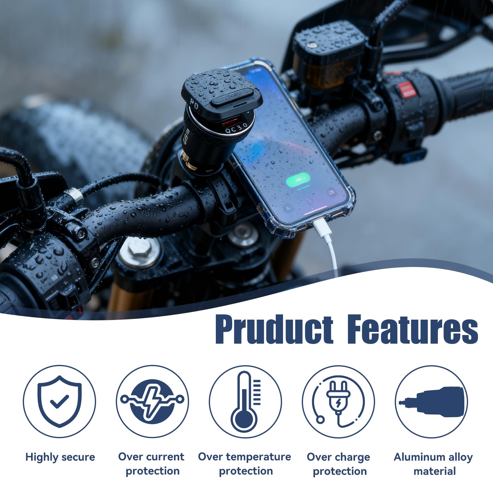 Toma USB C DIN para moto cargador, 30 W PD3.0 y 18 W QC3.0 Dual USB Din Hella Socket Plug Impermeable Aluminio Adaptador para encendedor de cigarrillos con LED Voltmeter, para 12 V/24 V Ducati Triumph