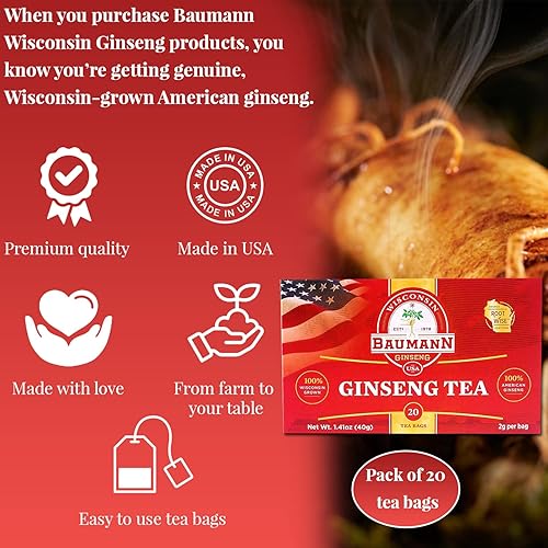 Miniatura 8 de Baumann - Bolsas de té de ginseng americano prémium 20 bolsas de té auténtico té de hierbas Panax Wisconsin cultivado Panax Ginseng - Té verde
