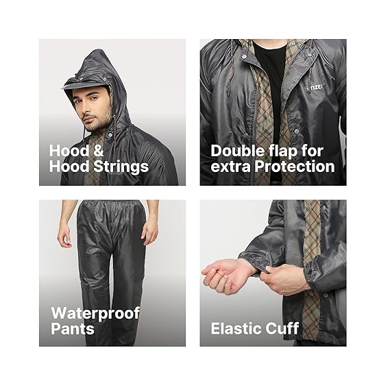 Citizen Real-Reversible Raincoat for Men with Adjustable Hood, Waterproof Pant, Plastic Cap and Carry Pouch | Durable & Lightweight Polyester Rainsuit | Stylish Checks Printed