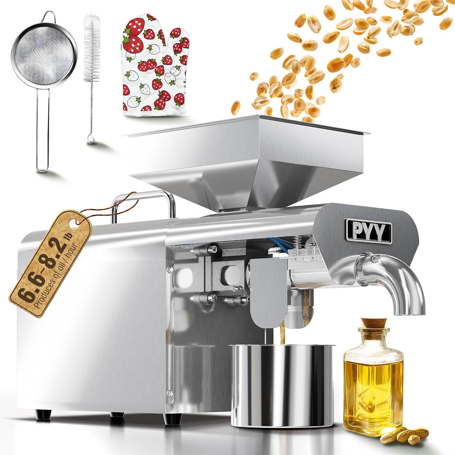 PYY Oil Press Extractor Machine - Cold & Hot Press Automatic Electric Oil Maker for Home Commercial, 750W Seeds Nuts Oil Expeller Press Mill, Stainless Steel Household Oil Maker for Peanuts Sesame