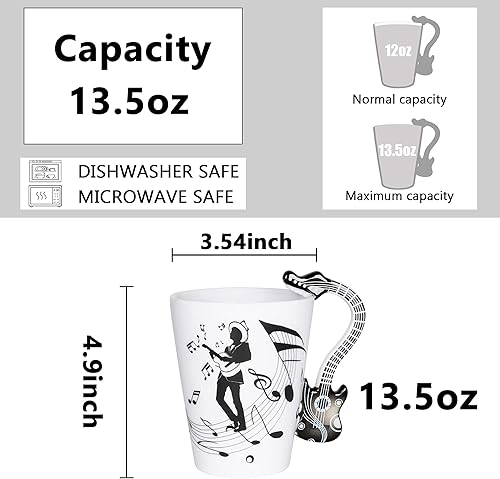 Miniatura 6 de LanHong - Taza de guitarra con diseño de notas musicales de 13.5 onzas, taza de café, té, leche, taza de cerámica, regalo para un amigo (color negro)