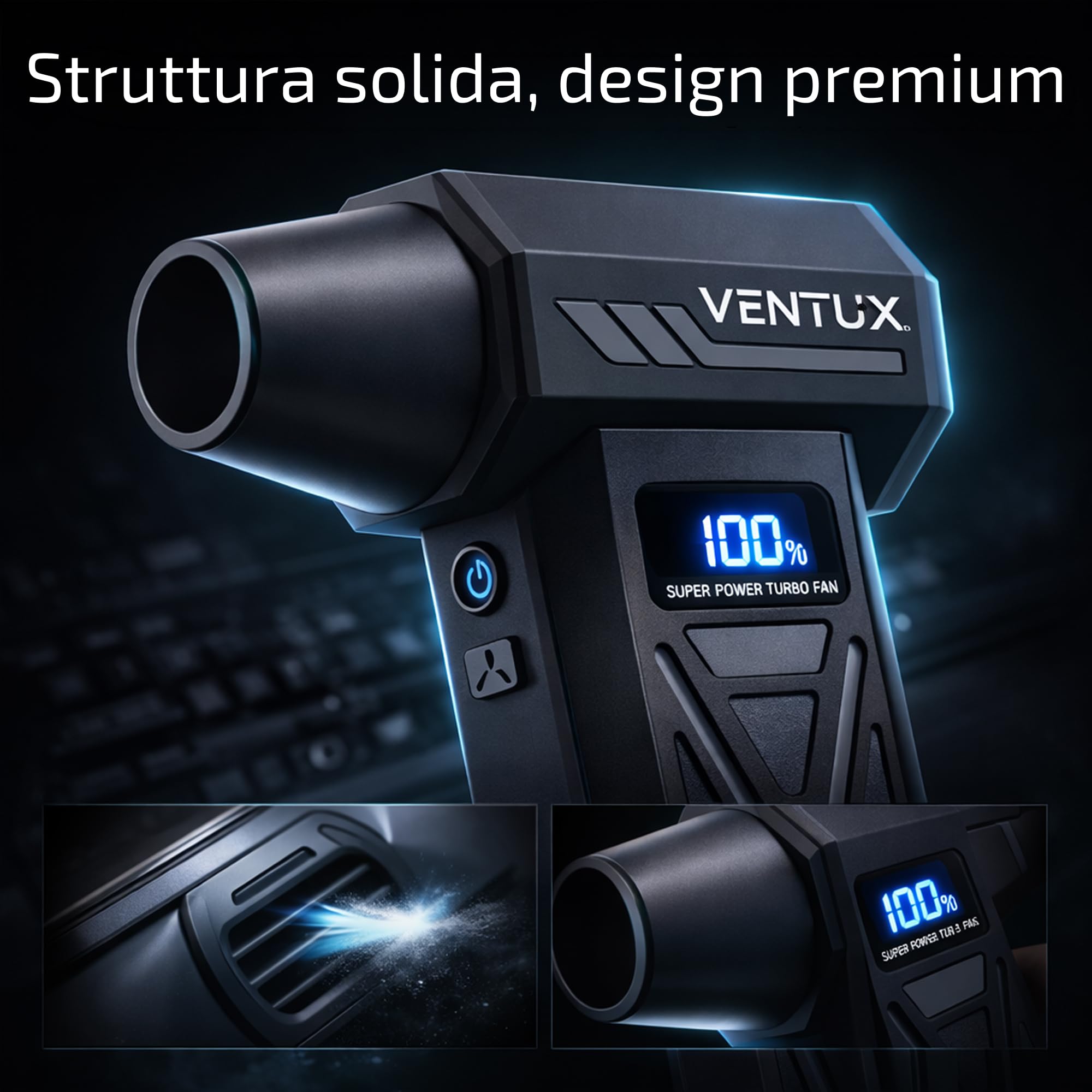Soffiatore d’Aria Portatile a Batteria AeroBoost P70 – 110W | 4 Velocità, Display LCD, LED, 2000mAh | Mini Air Blower per Polvere, Tastiere, Auto, PC – Ventux Gear