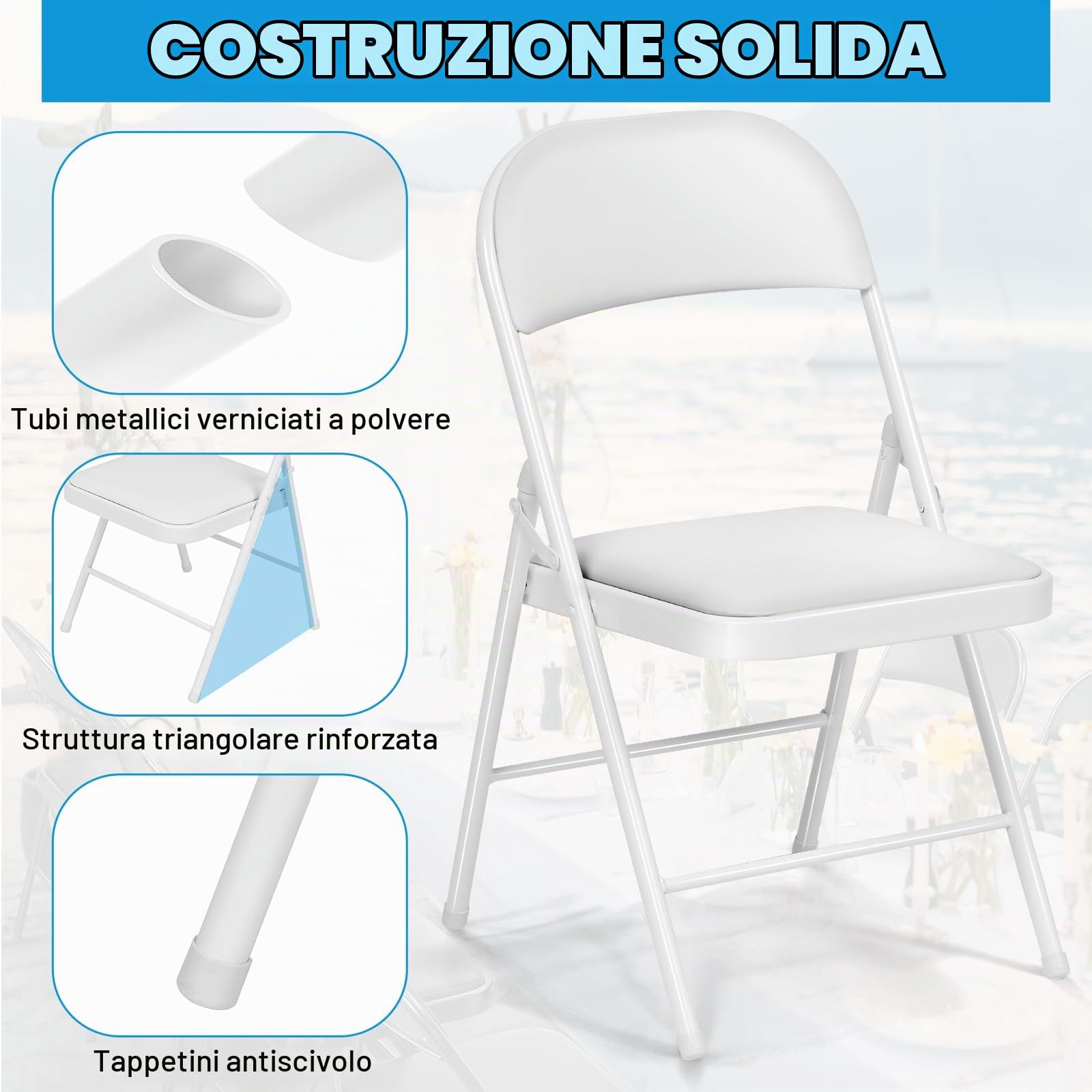 Set di 6 Sedie Pieghevoli, Imbottite, Portata Fino a 160 kg, Comodo ed Stabili Sedia Pieghevole per Giardino, Esterno, Campeggio, Balcone Interni, Ufficio, Feste, bianco