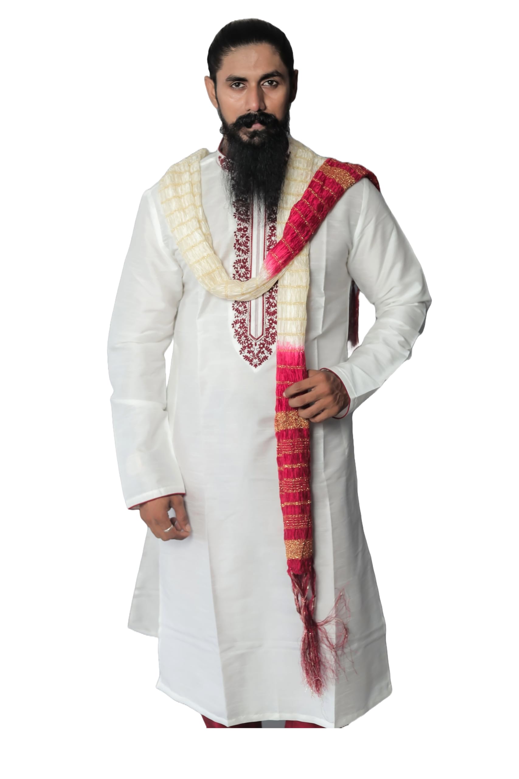 Indian Traditional Kurta Sherwani Cream & Red Dupatta Shawl Scarf For Men (Only Dupatta)-image-17