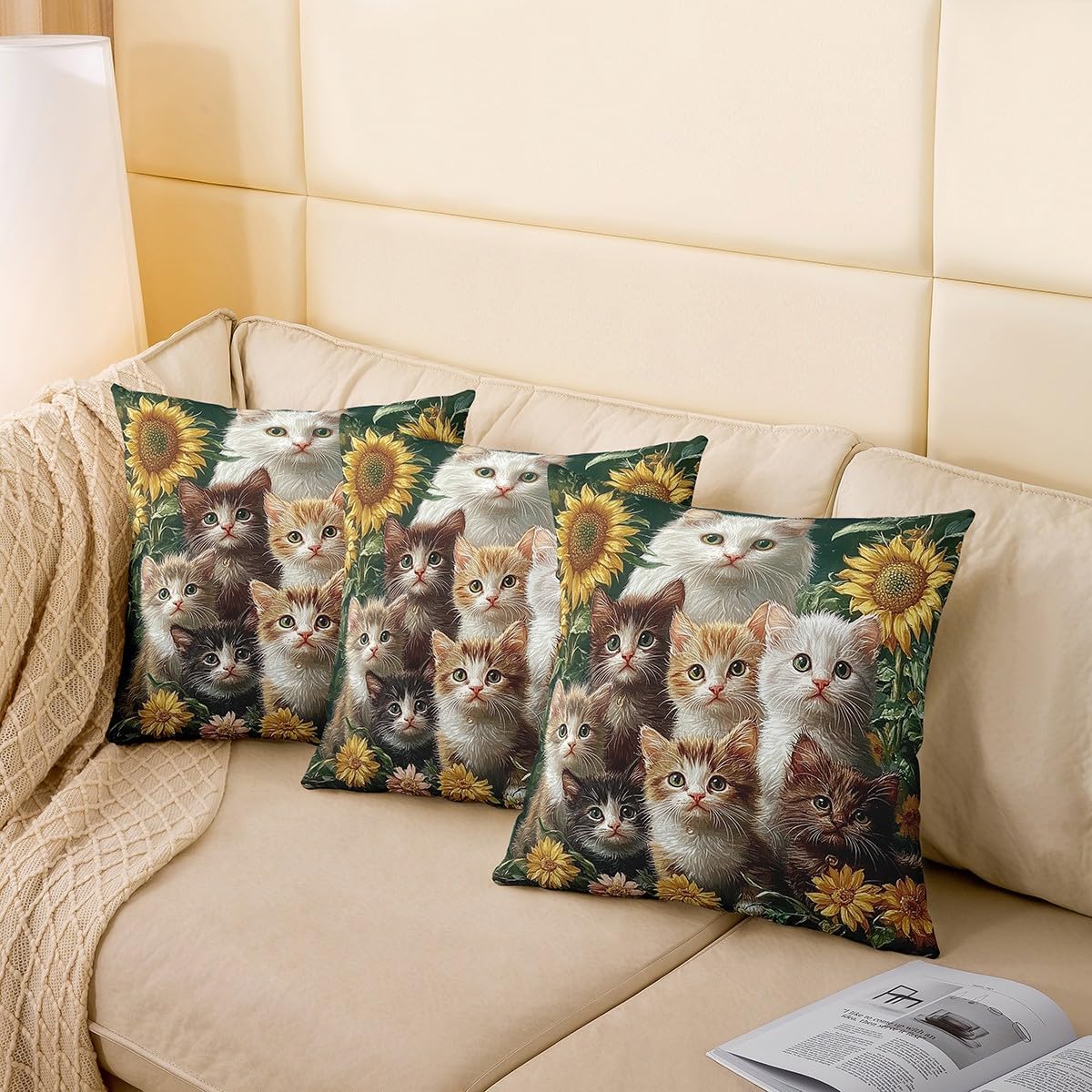 jejeloiu Cute Cat Decorative Throw Pillowcases 24"x24" Set of 2 Soft Sunflower Throw Pillow Covers Kawaii Pet Kitten Pillow Cases Cushion Covers Cushion Cases