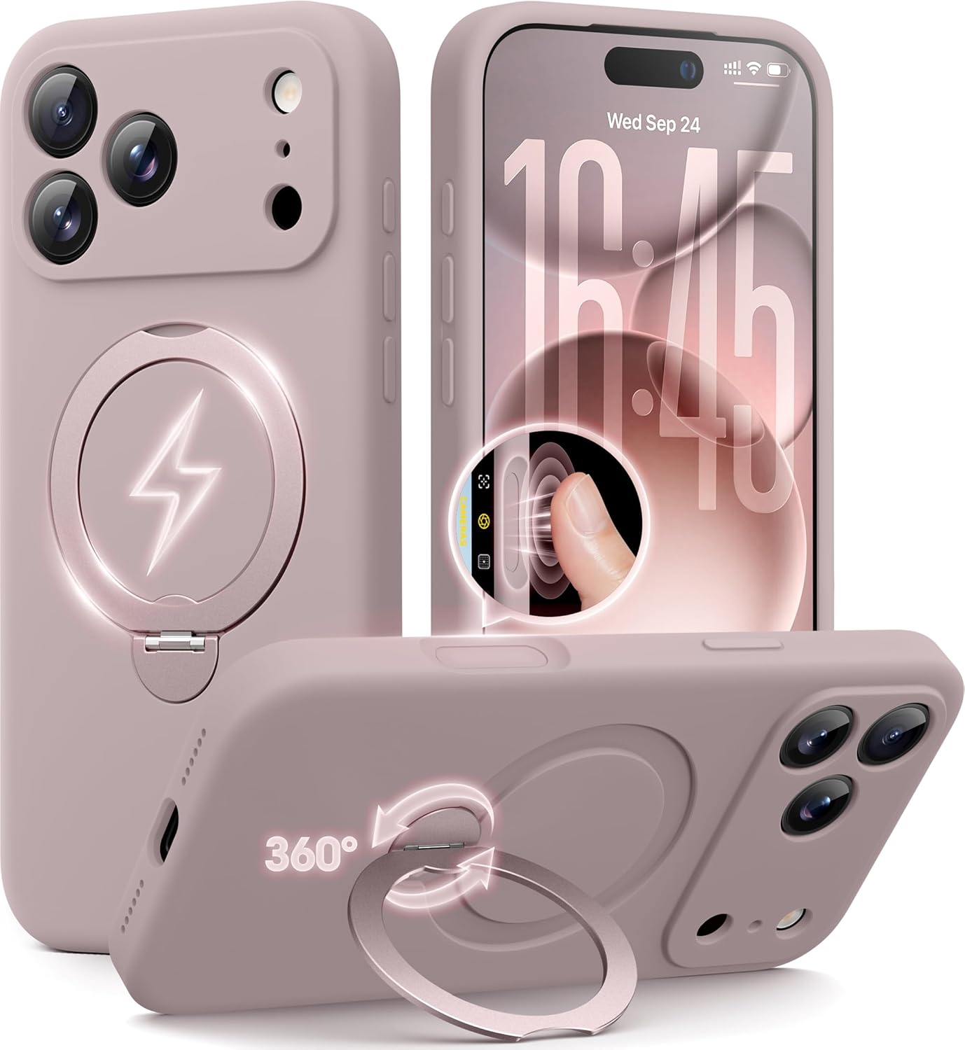 GolbinBox for iPhone 17 Pro Max Case with 360° Spin Magnetic Stand, [Compatible with MagSafe] [Full Camera Protection], Shockproof Liquid Silicone Case with Ring Stand for 17 Pro Max 6.9'', Light Taro