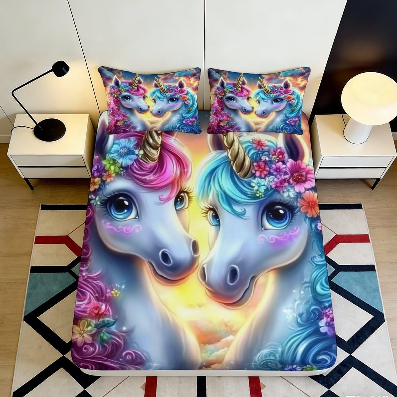 3D Printed Unicorn Fitted Sheet Microfiber Non-Slip Deep Pocket Unicorn Mattress Fitted Cover Breathable for Bedroom 200x200x25cm