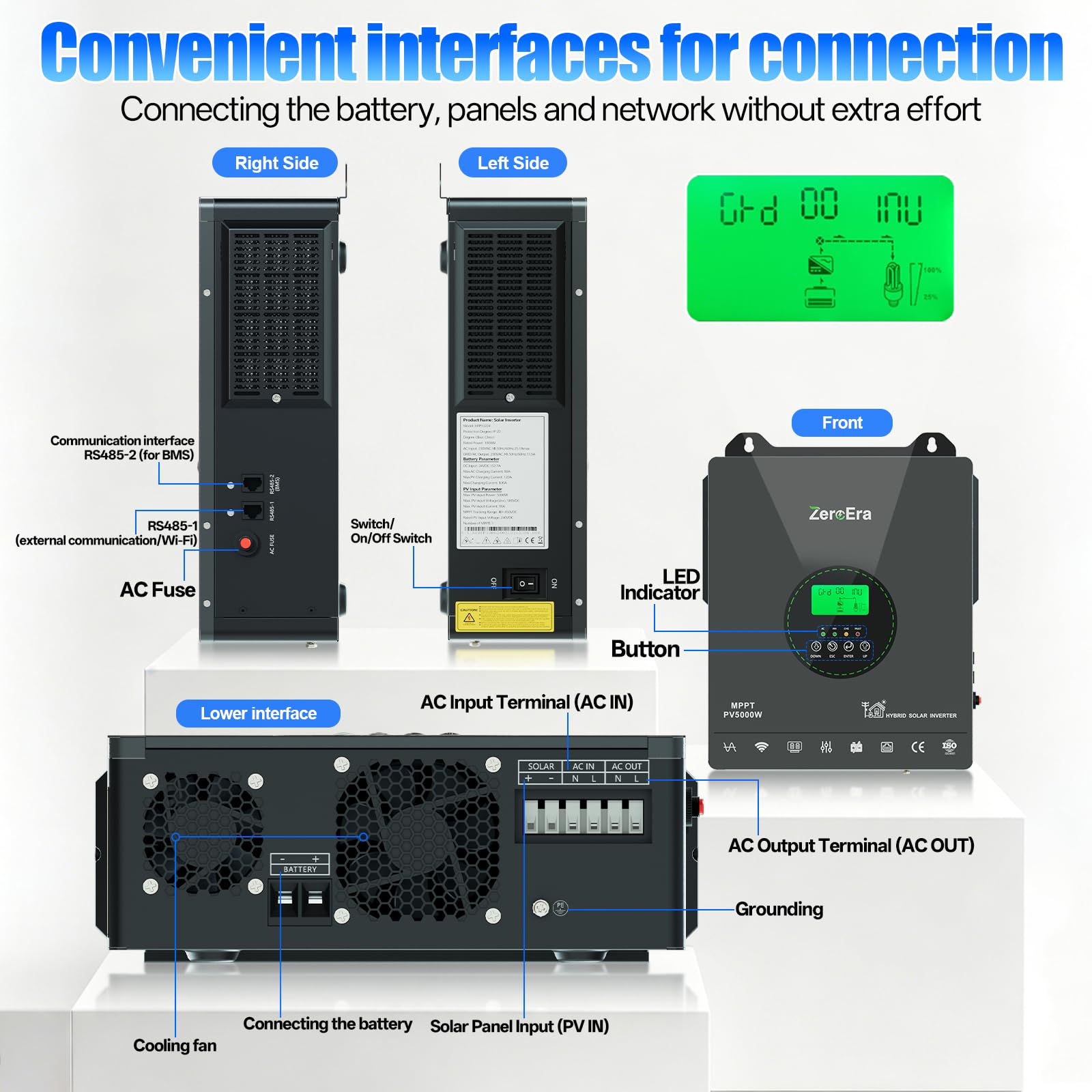 ZeroEra Inversor Híbrido 24V 3300W,Inversor Solar Híbrido Onda Sinusoidal Pura,24V CC a 220V/230V CA,WiFi,Controlador Carga MPPT,Protección BMS,Funcionamiento Batería (24V 3300W WiFi)