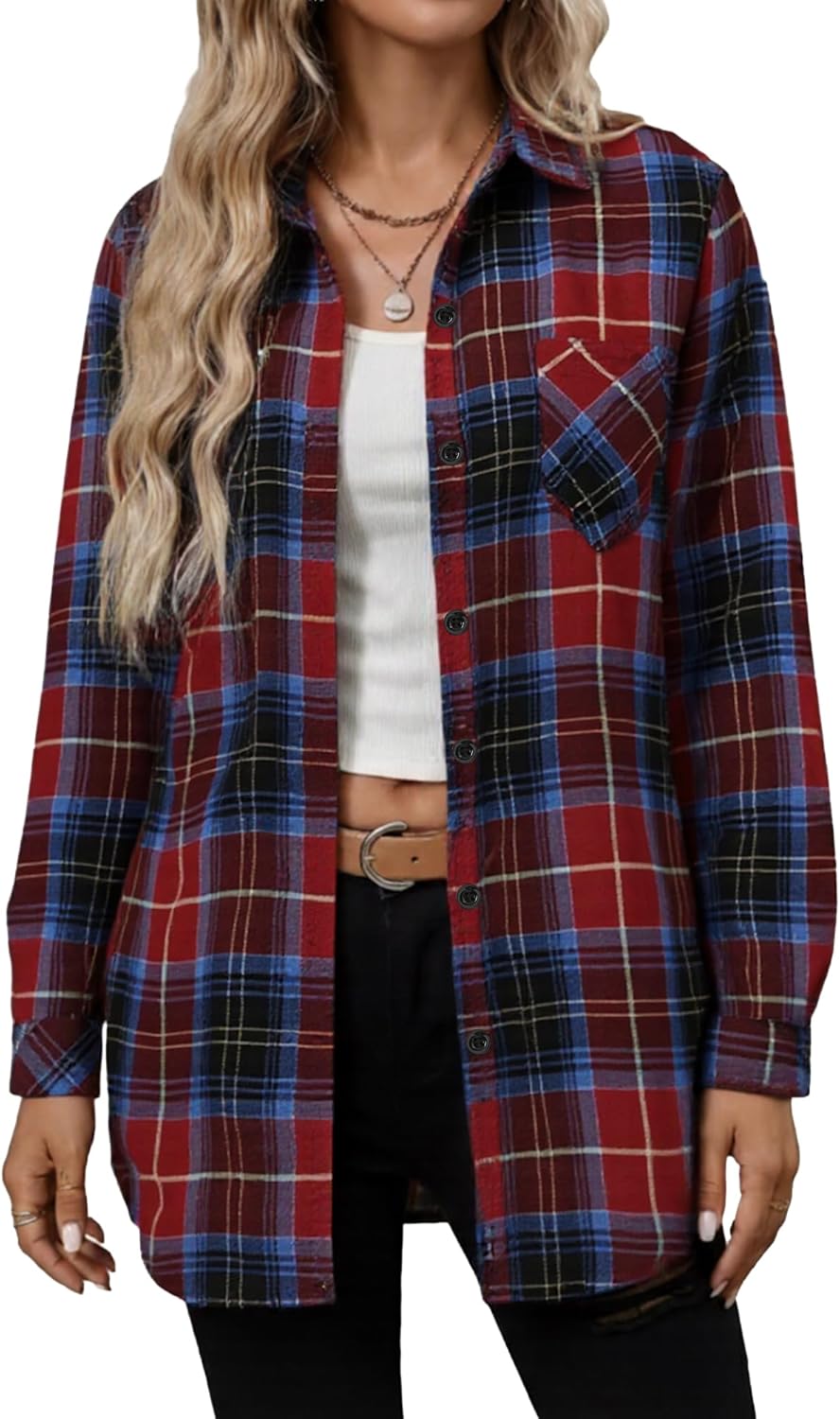Simlakey Womens Plaid Button Down Shirts Oversized Long Sleeve Flannel Shirt Business Casual Blouse Tops