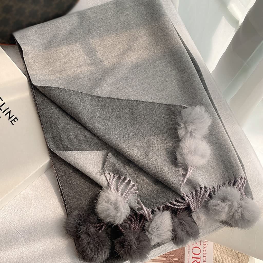 Szalik Zimowy Winter Lady Imitacja Kaszmirowy Szalik Królik Futro Pom Pom Pomien Ciepły Szal Wrap Kobiety Dwustronne Łączenie Długie Szaliki Tassel Szalik Szal(Grey)