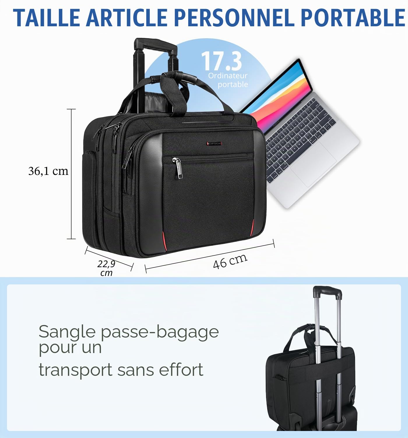 EMPSIGN Sac à roulettes pour Ordinateur Portable 17,3 Pouces pour Hommes et Femmes Sac à roulettes Hydrofuge pour Ordinateur Portable avec Poche de Blocage RFID Rolling Laptop Bag
