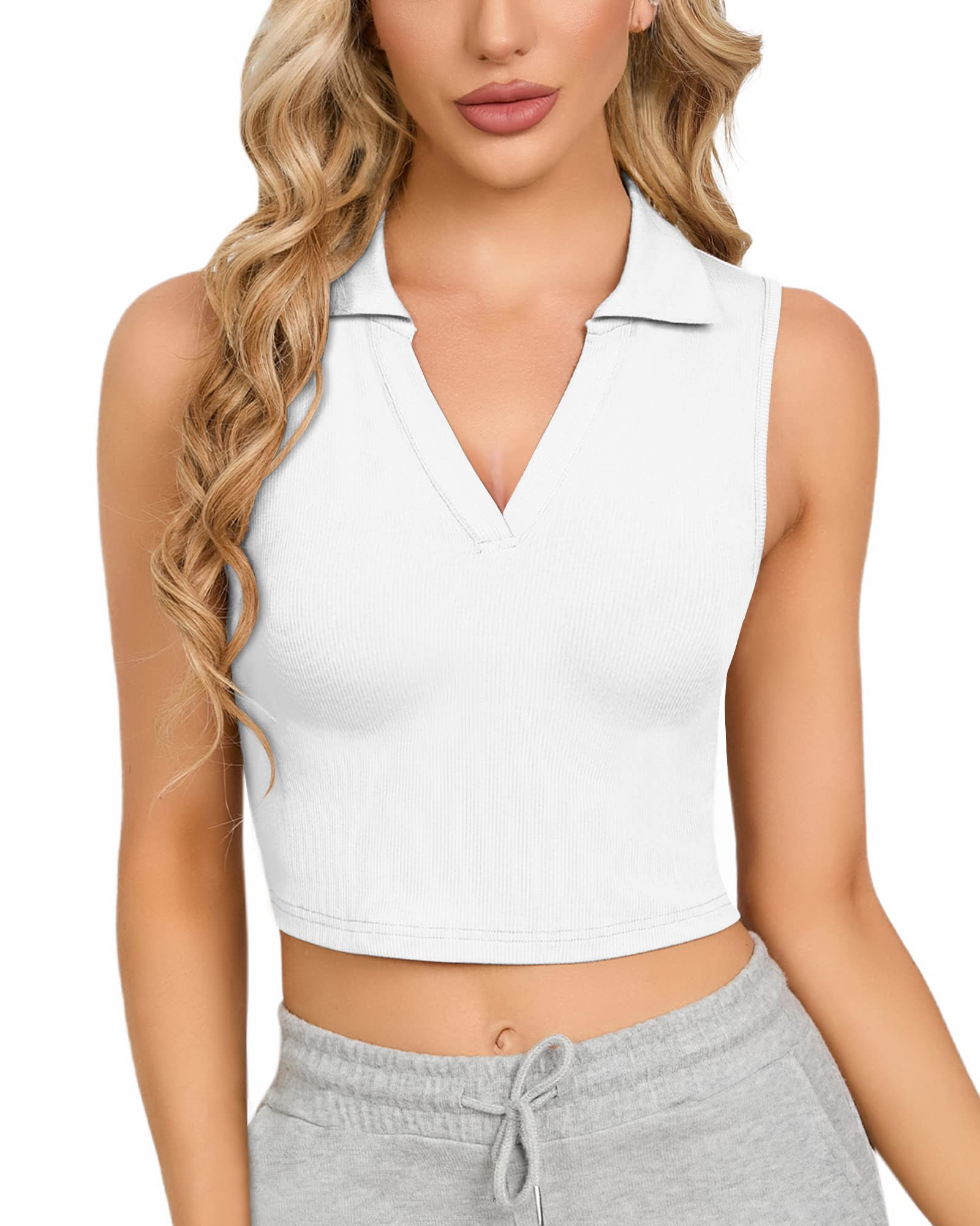 CLOZOZ Womens Tank Tops Polo Crop Top V Neck Ribbed Sleeveless Tops Collar Shirts Womens Crop Tops Polo Cropped Tank Trendy White