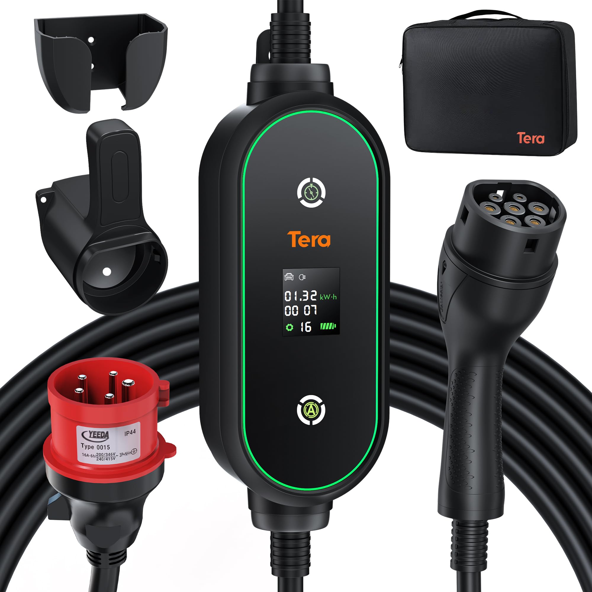 Tera Mobile Wallbox Typ-2 tragbar: 11kW 3-Phasig 6-16A 7,5m Ladekabel CEE 5 Pin EV Ladegerät 0,5-5h verzögertes Laden Einstellbarer Ladeleistung Ladegerätehalter für Elektroauto P03