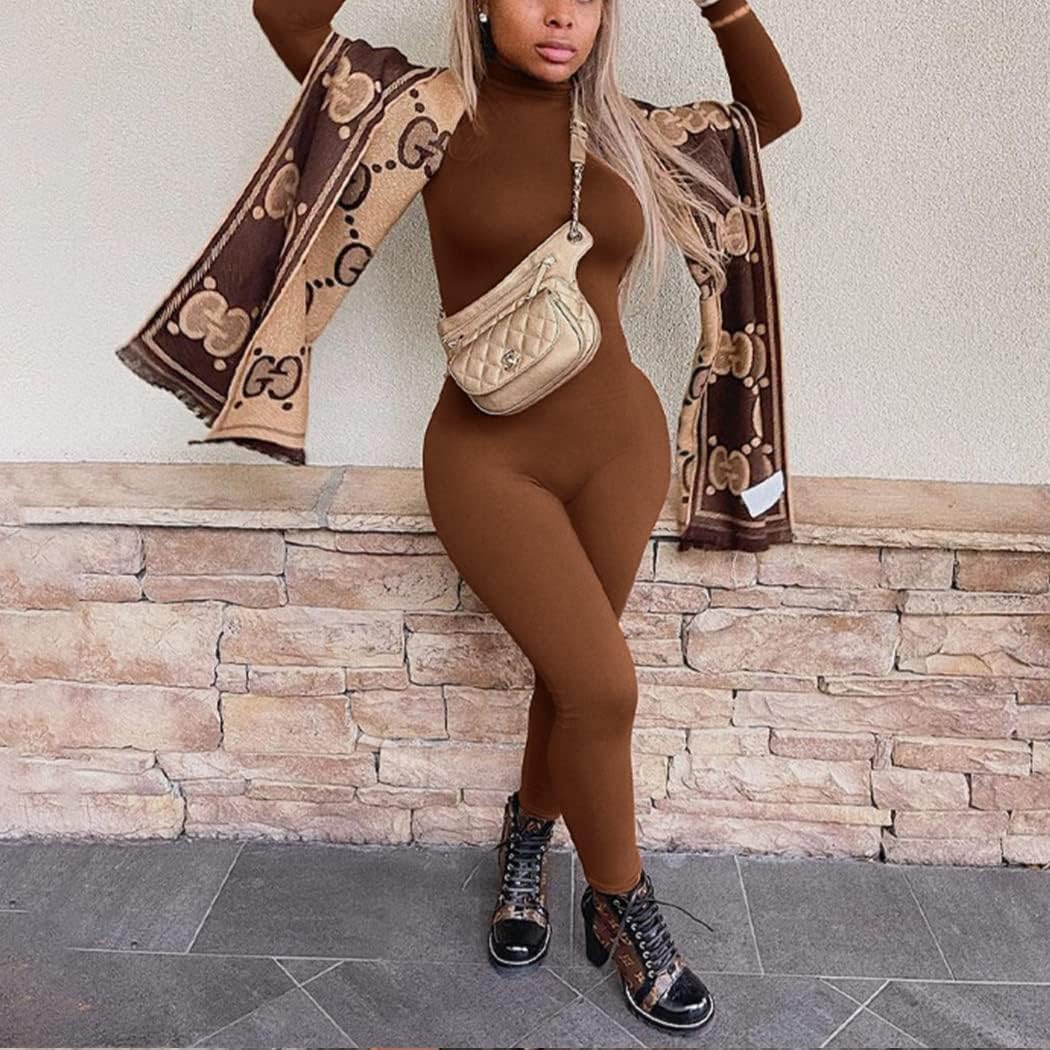 Azhong Women's Sexy Long Sleeve Turtleneck Jumpsuits Bodycon Back Zipper High Waist One Piece Casual Club Rompers - Image 3