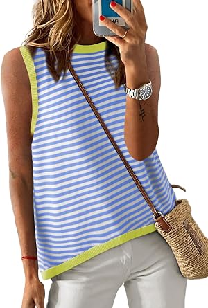 Dokotoo Womens Summer Tops 2026 Casual Striped Color Block High Neck Tank Top Loose Knit High Low Sleeveless Shirts Blouses