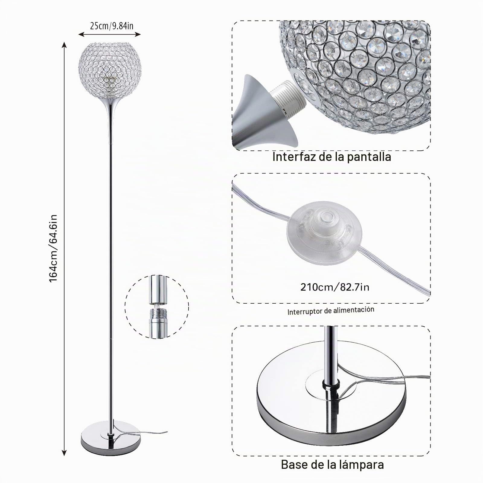 Lampara de Pie Salon Cristal Modernas, Control de Interruptor de Pie Lámpara de Pie, Portalámparas E27 (Plata Galvanizada)