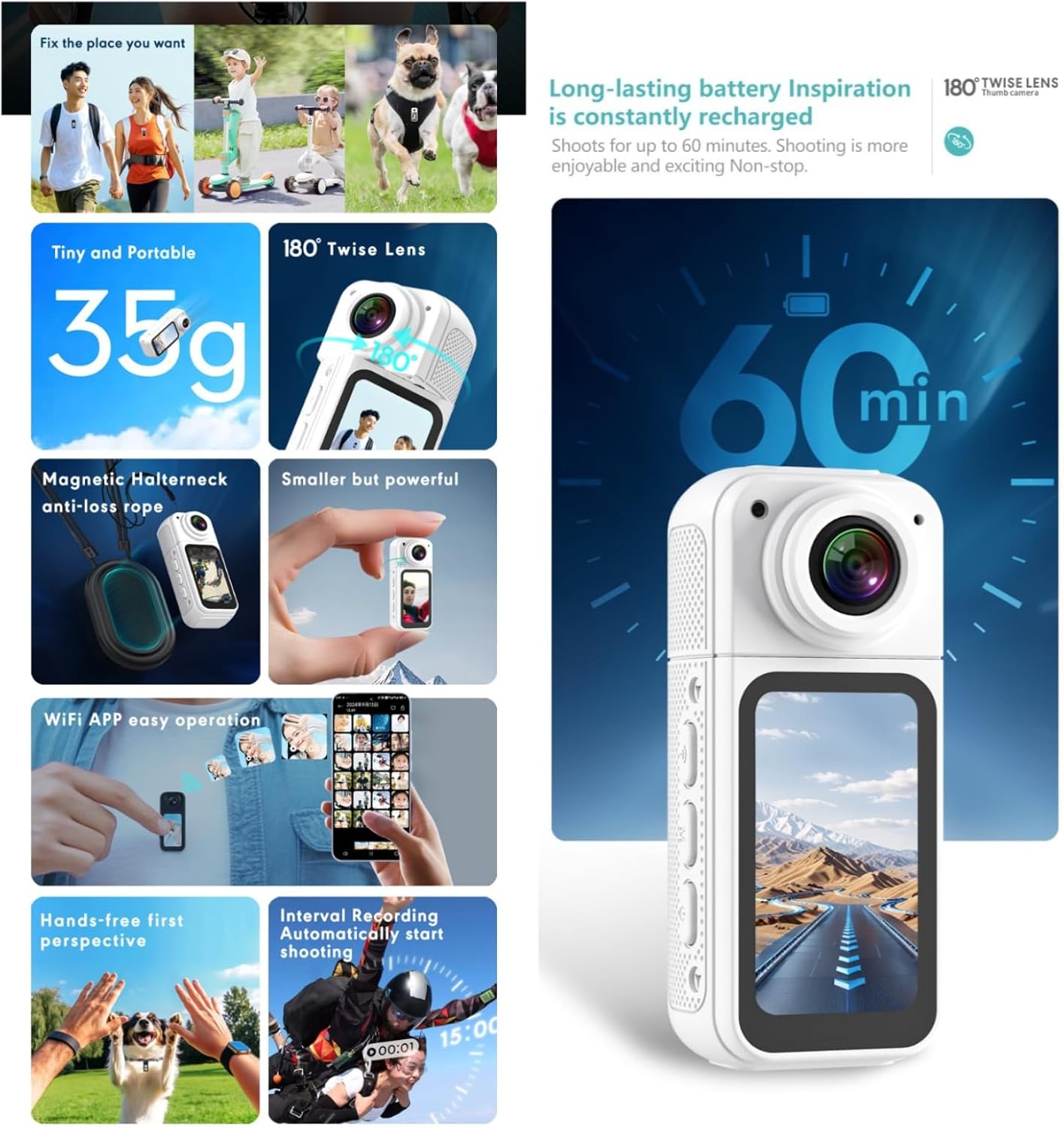Collage of images showing various features: Tiny and Portable (35g), 180° Twist Lens, Magnetic Halterneck anti-loss rope, Smaller but powerful, WiFi APP easy operation, Hands-free first perspective, Interval Recording, and Long-lasting battery (60 min).