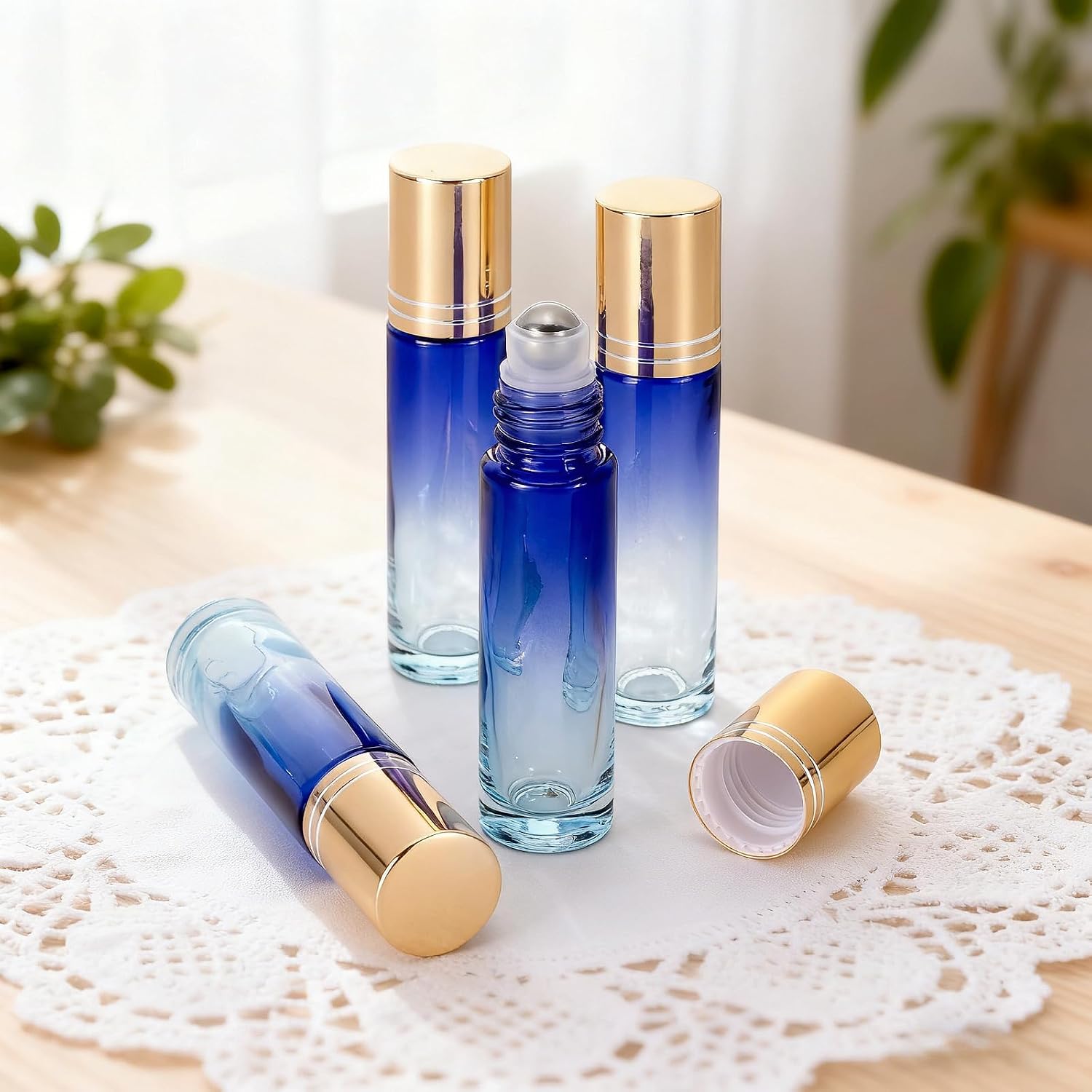 Ellbest 10ml Glass Roller Bottles, 10-Pack | Stainless Steel Rollerball, Refillable Leak-Proof Vials, Travel Size, for Essential Oil, Perfume, Cosmetics, Blue Gradient