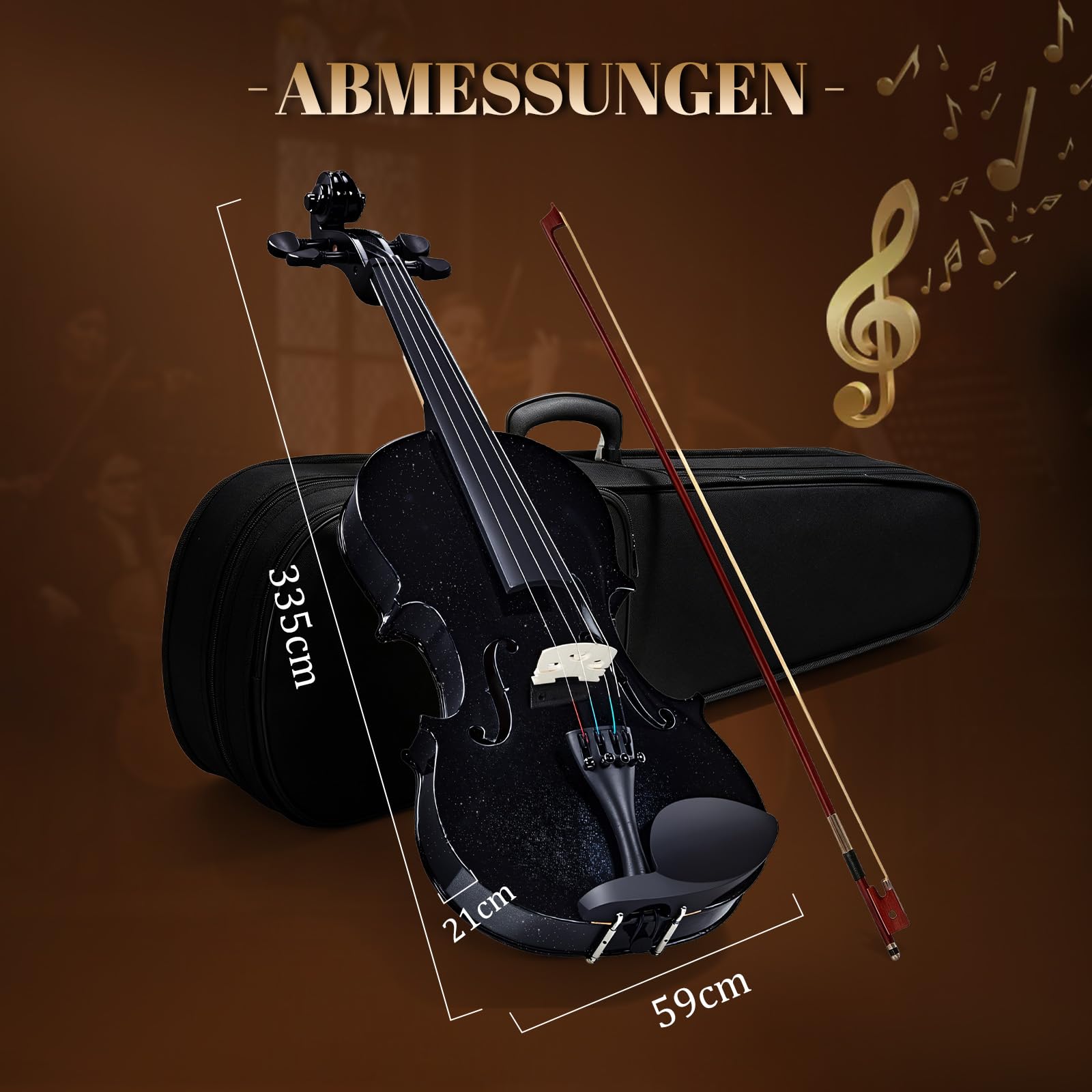 Bonnlo Violine Set 4/4, Violin Vollgröße aus Lindenholz für Anfänger, Geige mit Hartschalenkoffer, Bogen, Kolophonium, Ersatzsaiten & Schulterstütze, ideal für Erwachsene & Kinder, Schwarz