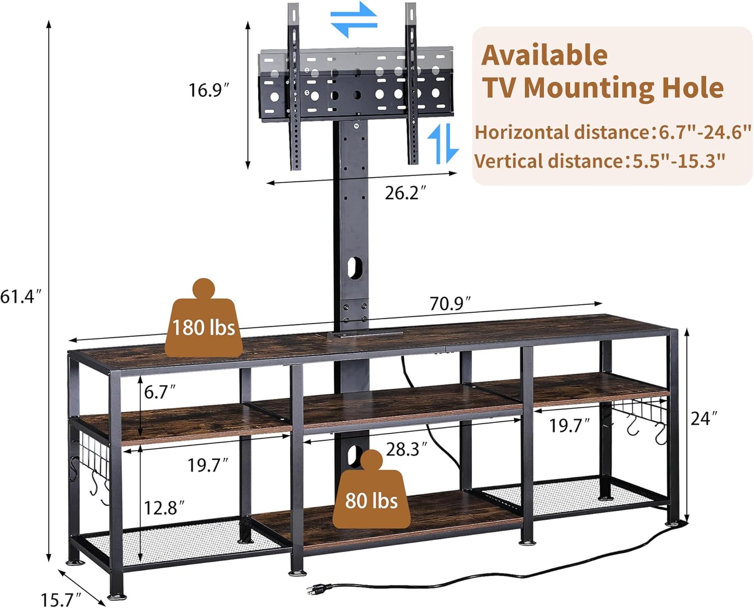 VECELO TV Stand with Mount and Power Outlet, Height Adjustable Entertainment Center with Storage Shelves for 55/65/70/75/80 inches Televisions, Console Table for Living Room, Bedroom, Rustic Brown - Image 3