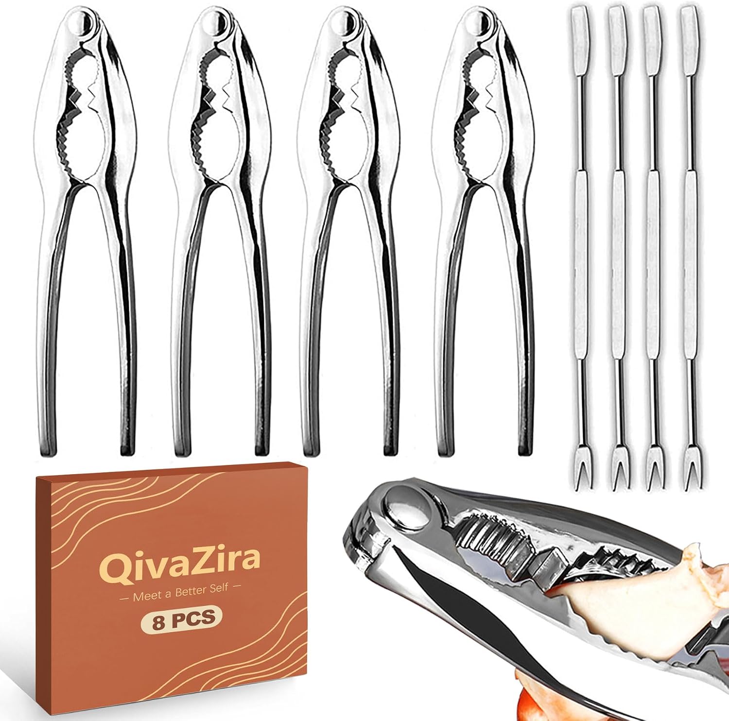 8 Pack Seafood Tools Set Stainless Steel Crab Leg Crackers and Forks Heavy Duty Lobster Cracker Tool Kit for Shellfish Nut Cracker Kitchen Gadgets Dining Accessories