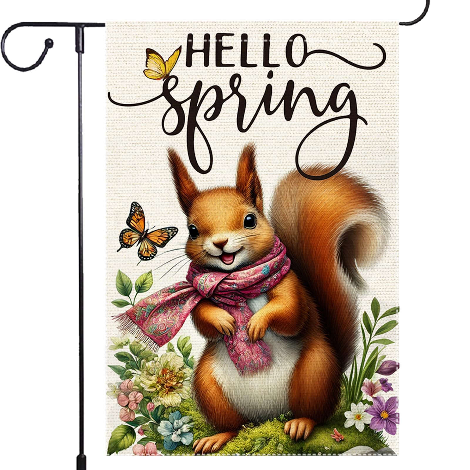 Spring Garden Flag 12x18 inch Double Sided Burlap Colorful Floral Squirrel Yard Lawn Outdoor Home Small Butterfly Spring Flags Decoratio