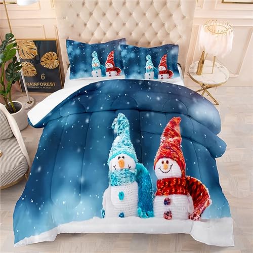 Juego de edredón de Feliz Navidad, tamaño King, diseño de muñeco de nieve de dibujos animados para niños y niñas, edredón de nieve de invierno, 1