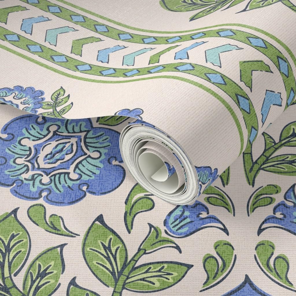 Spoonflower Peel & Stick Wallpaper 12ft x 2ft - Indian Floral Blue Flowers Green Botanical Traditional Large Scale Stamped Stripes Custom Removable Wallpaper