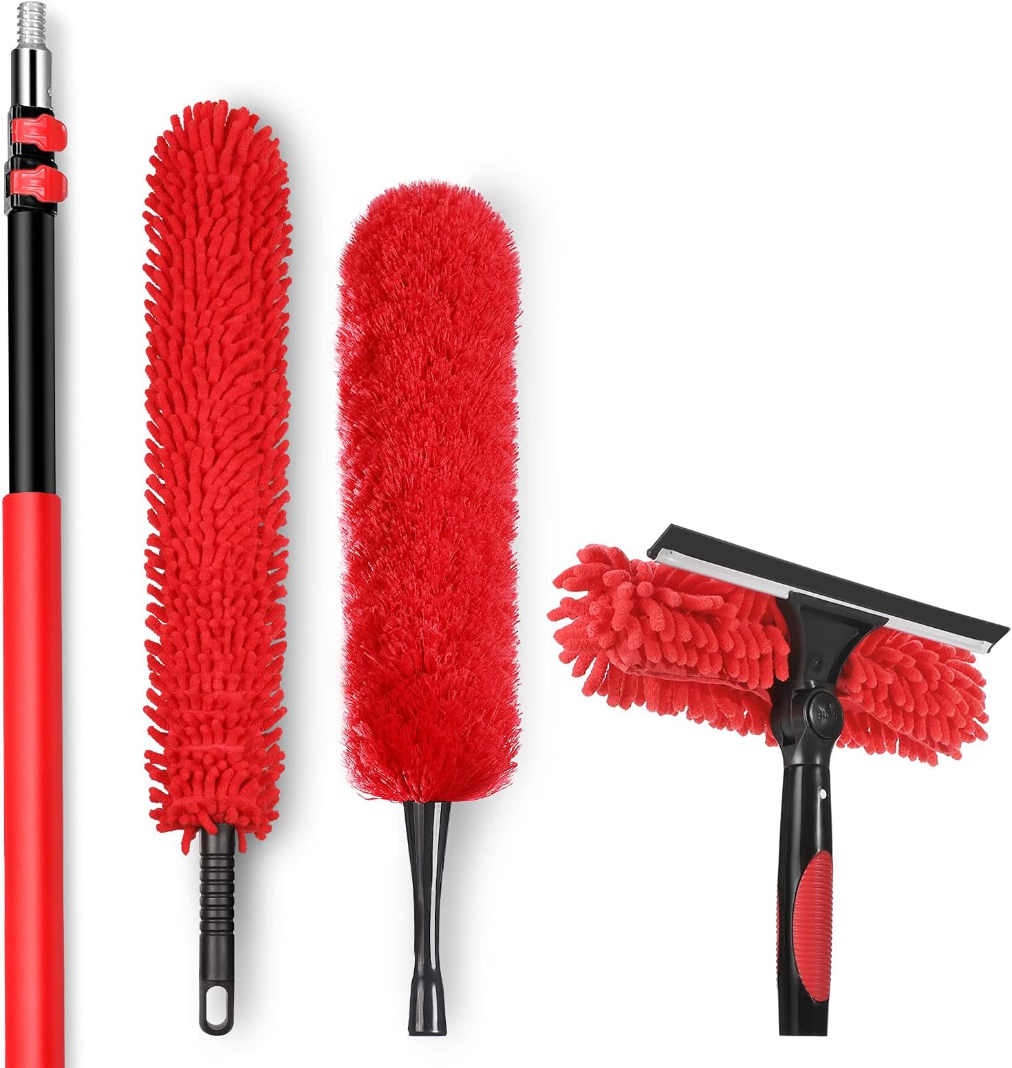 HIWARE Window Squeegee, Microfiber Feather Duster, Ceiling Fan Duster Cleaning Kit with 12 Feet Extension Pole, Professional Washing Equipment for Window, Bookshelves, Ceiling Fan, Chandeliers