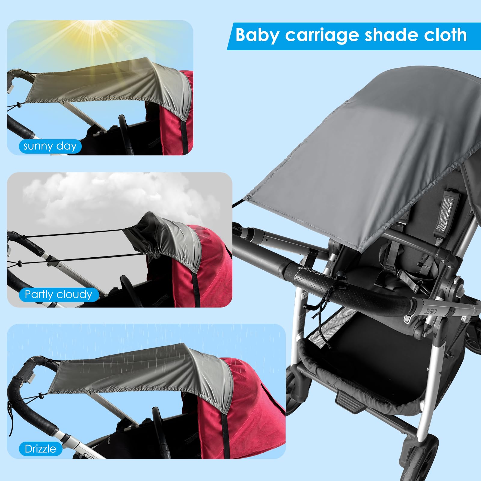 Bighan Pram Sun Shade Sunshade Cover Windproof and Waterproof Buggy Sun Shade for Baby Stroller Grey - Image 2
