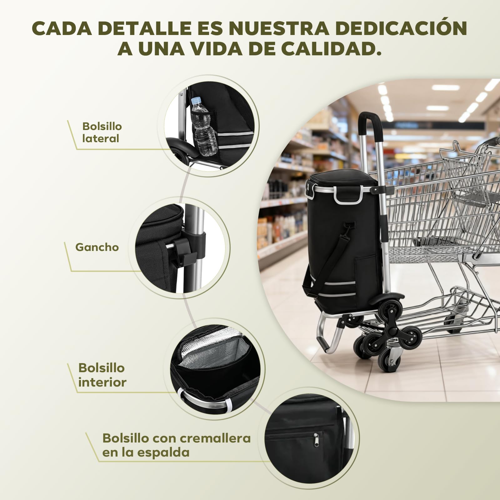 Carro de la Compra Plegable 56L con Compartimento Frigorífico | 3en1 Transformable en Carretilla y Bolsa de Transporte | Carga hasta 30kg | Estructura Aluminio Resistente e Impermeable | Negro
