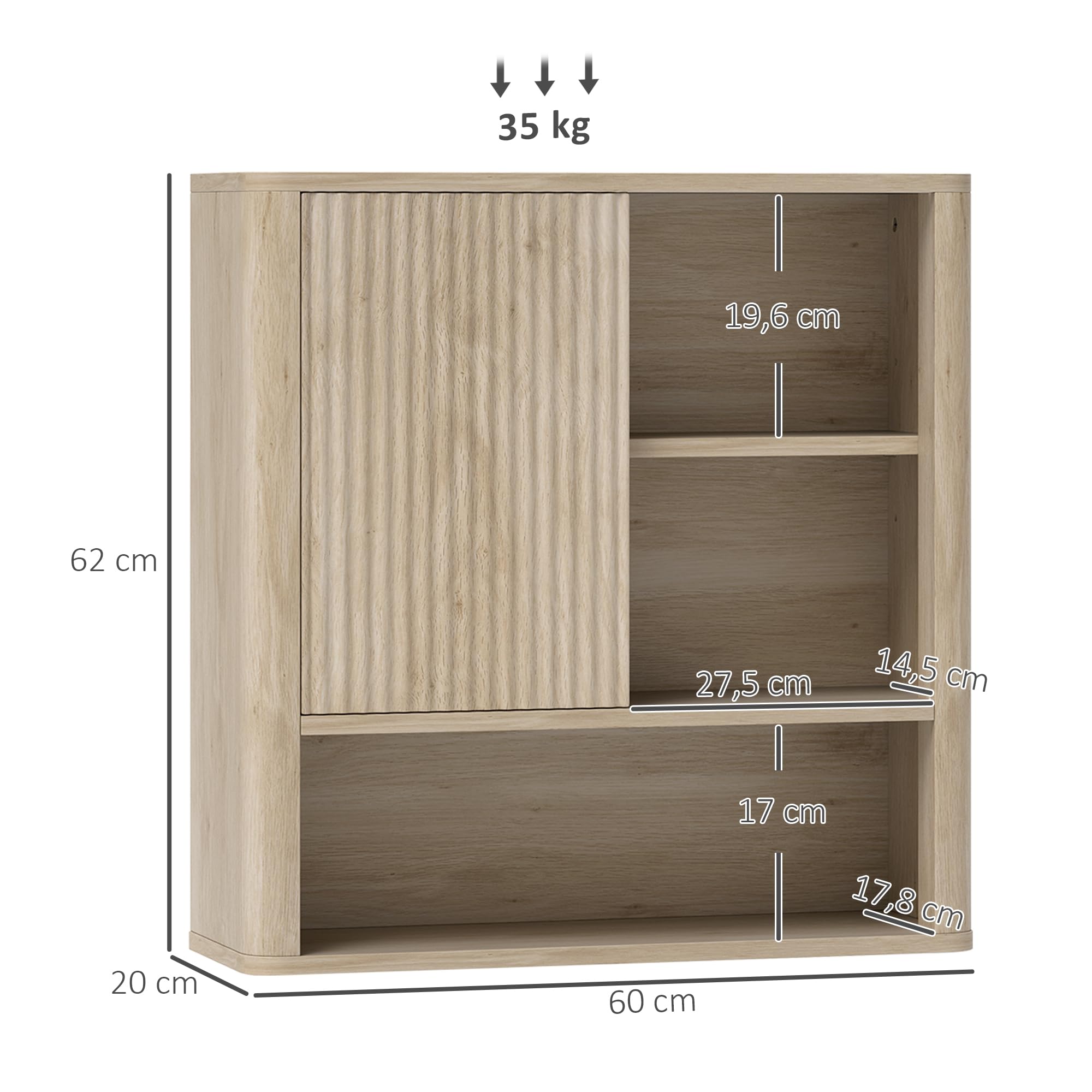 HOMCOM Armoire Murale Armoire Suspendu 60 x 20 x 62 cm Bois Naturel | Meuble Haut Salle de Bain, Porte Coulissante, Étagères Ouvertes, Étagères Réglables