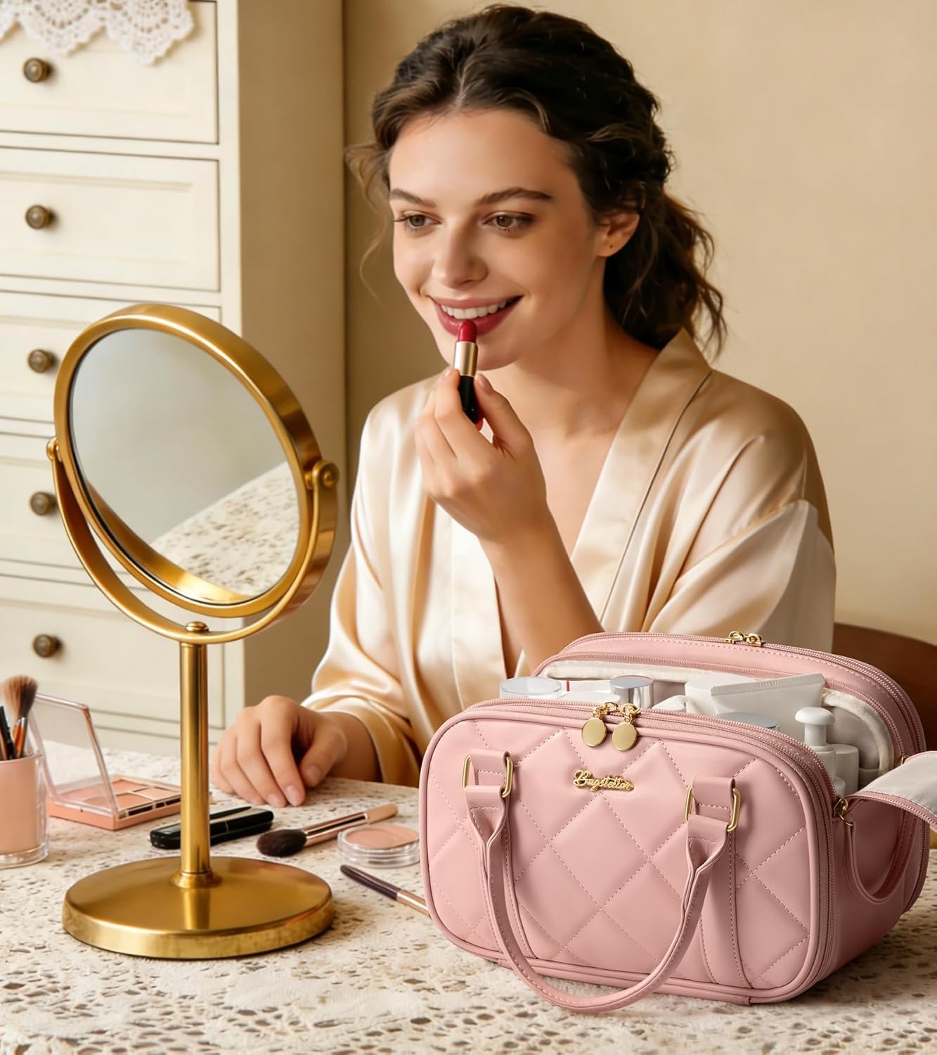 Travel Makeup Bag, Large Capacity Quilted Toiletry Bag for Women Stand-up Cosmetic Bag Open Flat Make Up Case Organizer Portable Pouch Purse w/Handle for Traveling Accessories, Brown - Image 8