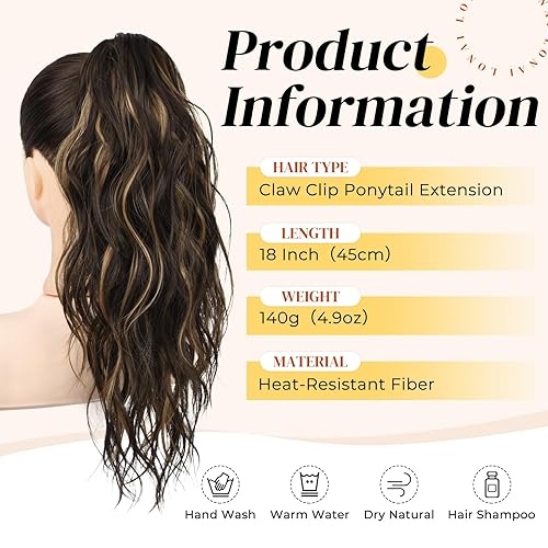 Miniatura 2 de LONAI Extensión de cola de caballo, extensiones de cola de caballo de 18 pulgadas, extensiones de cola de caballo con clip de garra ondulada,