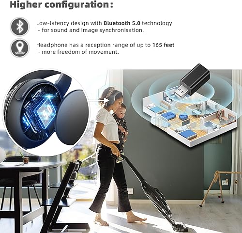 Miniatura 4 de makemate BKM300 Auriculares inalámbricos para TV Bluetooth con 4 opciones de salida (óptica, AUX, RCA y USB), alcance de 165 pies, mayor volumen, 20