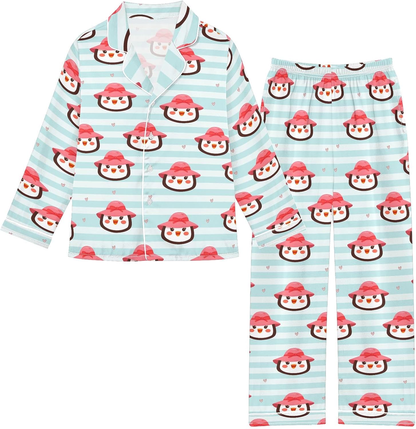 Kids Casual Satin Wear Set Penguin with Pink Hat Pattern Unisex Relaxed Fit Clothing