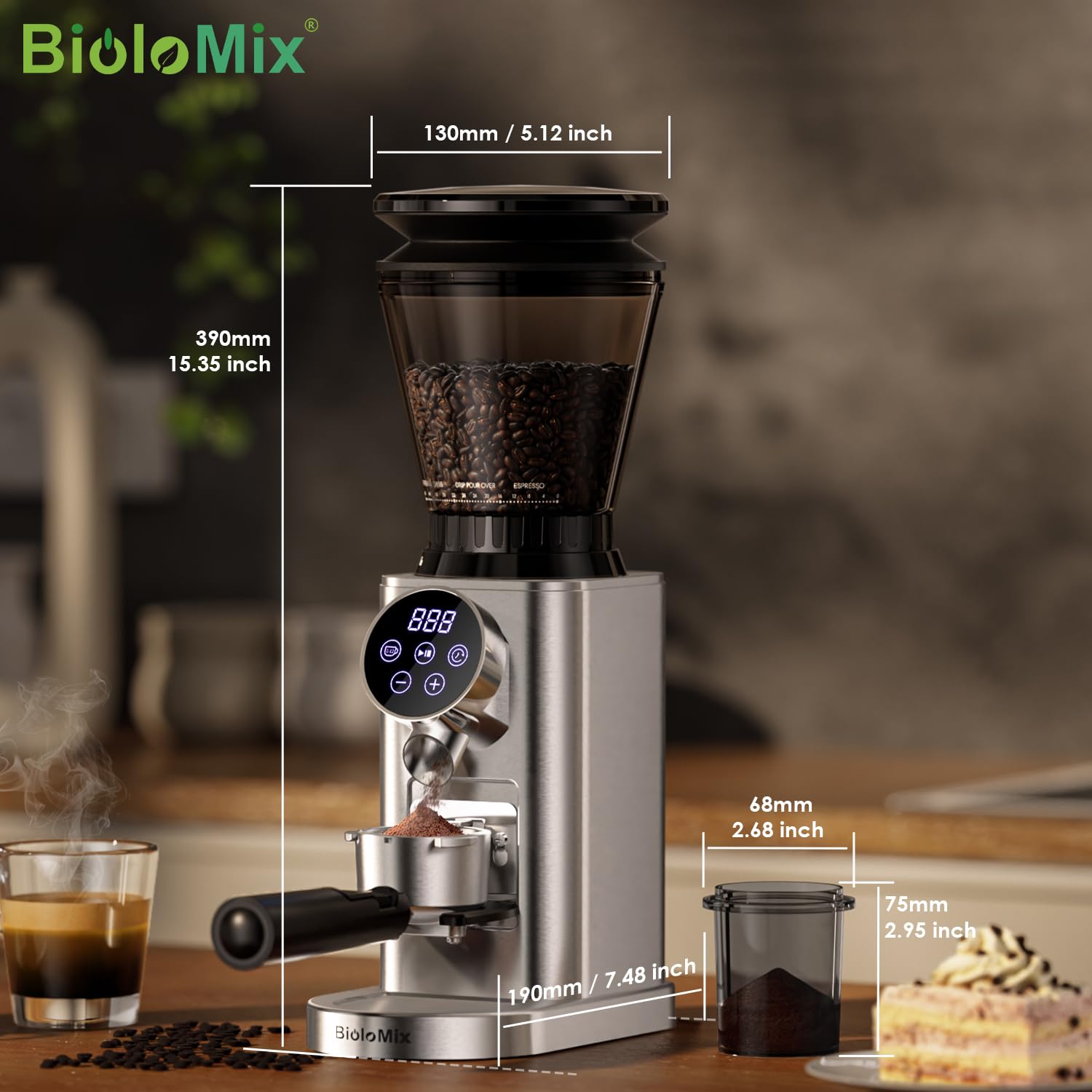 Biolomix Molinillo cónico Eléctrico - 48 Niveles, Portafiltros 51-58mm, Acero Inox - Espresso/Cafetera Francesa Antiestático(2-12 Tazas) (CG210-1-EU)