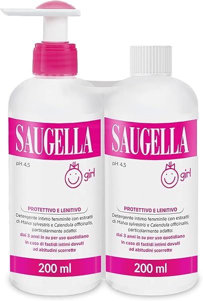 Saugella Girl, Detergente Intimo Delicato, pH 4.5, con Estratti di Malva e Calendula, Adatto dai 3 Anni alla Pubertà, Contro Prurito e Bruciore, Due Confezioni da 200 ml - 1