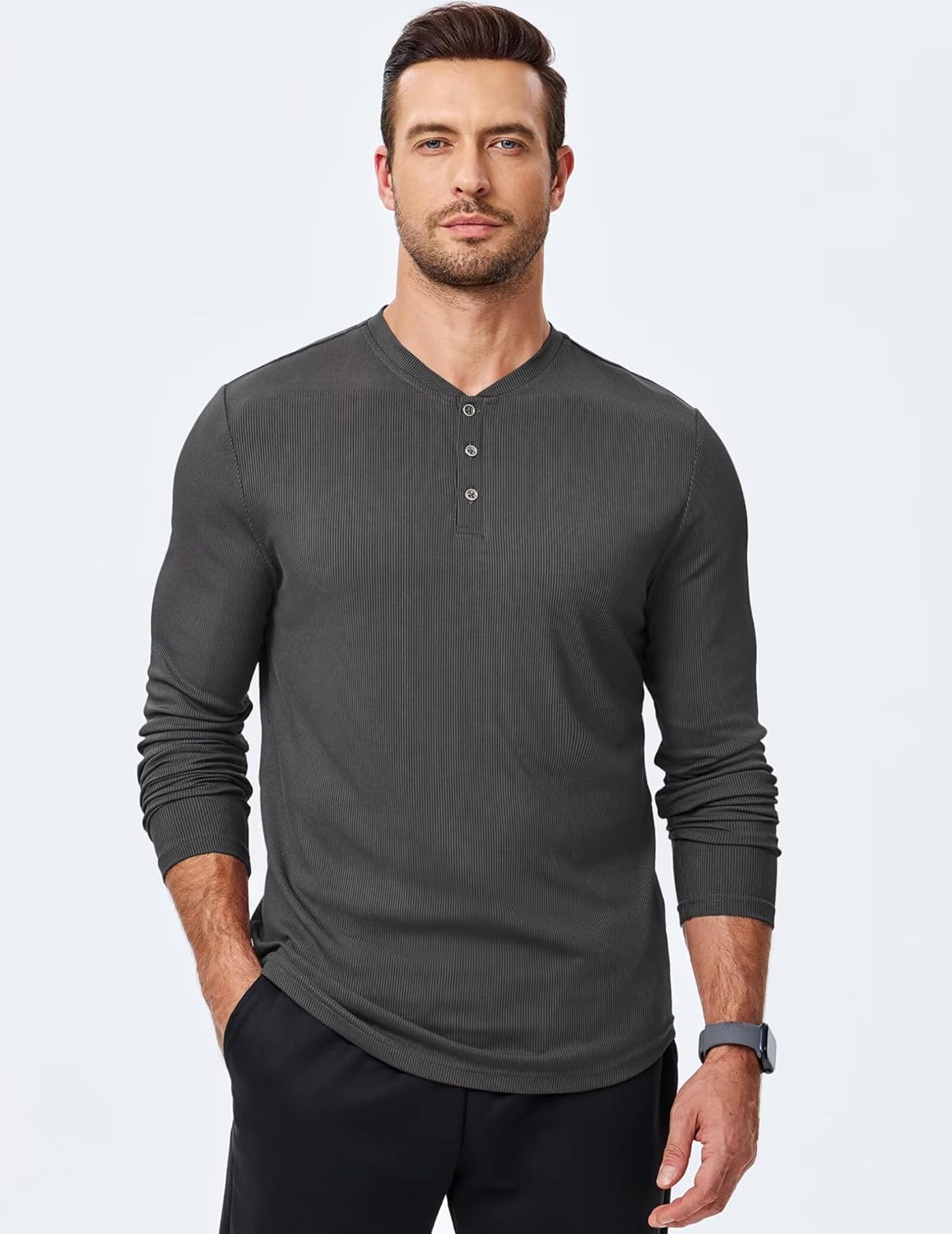 Men's Henley Shirt Fall Crewneck Solid Color Slim Fit Long Sleeve T Shirts Button Up Tees - Image 3