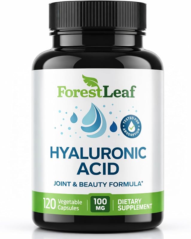 ForestLeaf Hyaluronic Acid Supplements | 100mg High Bioavailable Dietary Hyaluronic Acid Powder Capsules + 50mg VIT C | Supports Skin Hydration, Joint Lubrication, Anti-Aging, Hair & Nails | 120 Caps