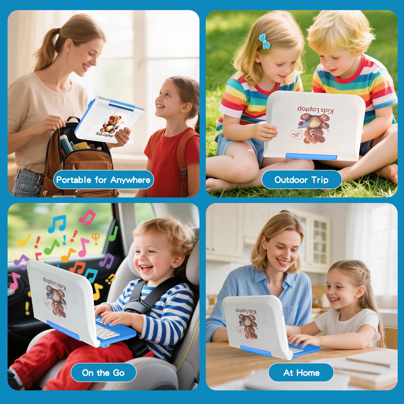 Computer educativo per bambini, colore blu, display a colori, mouse per imparare l'inglese, 62 attività, giochi di matematica, regalo educativo per ragazze dai 5 anni in su