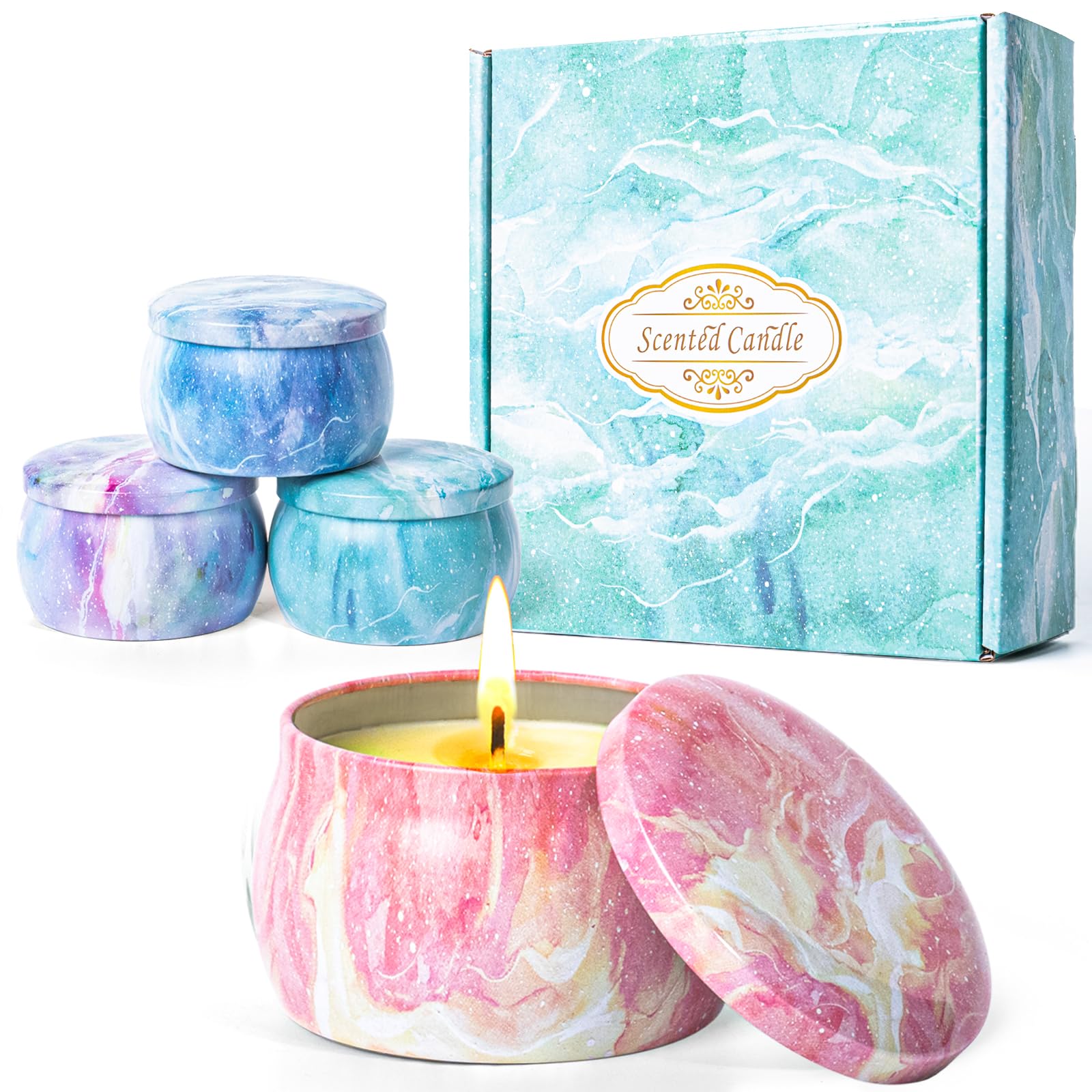 Scented Candles Gift Set for Women，4 Pack 4.4 Oz 100% Natural Soy Wax Candles with 8% Strongly Fragrance Essential Oils for Stress Relief or Christmas Birthday Mother's Day