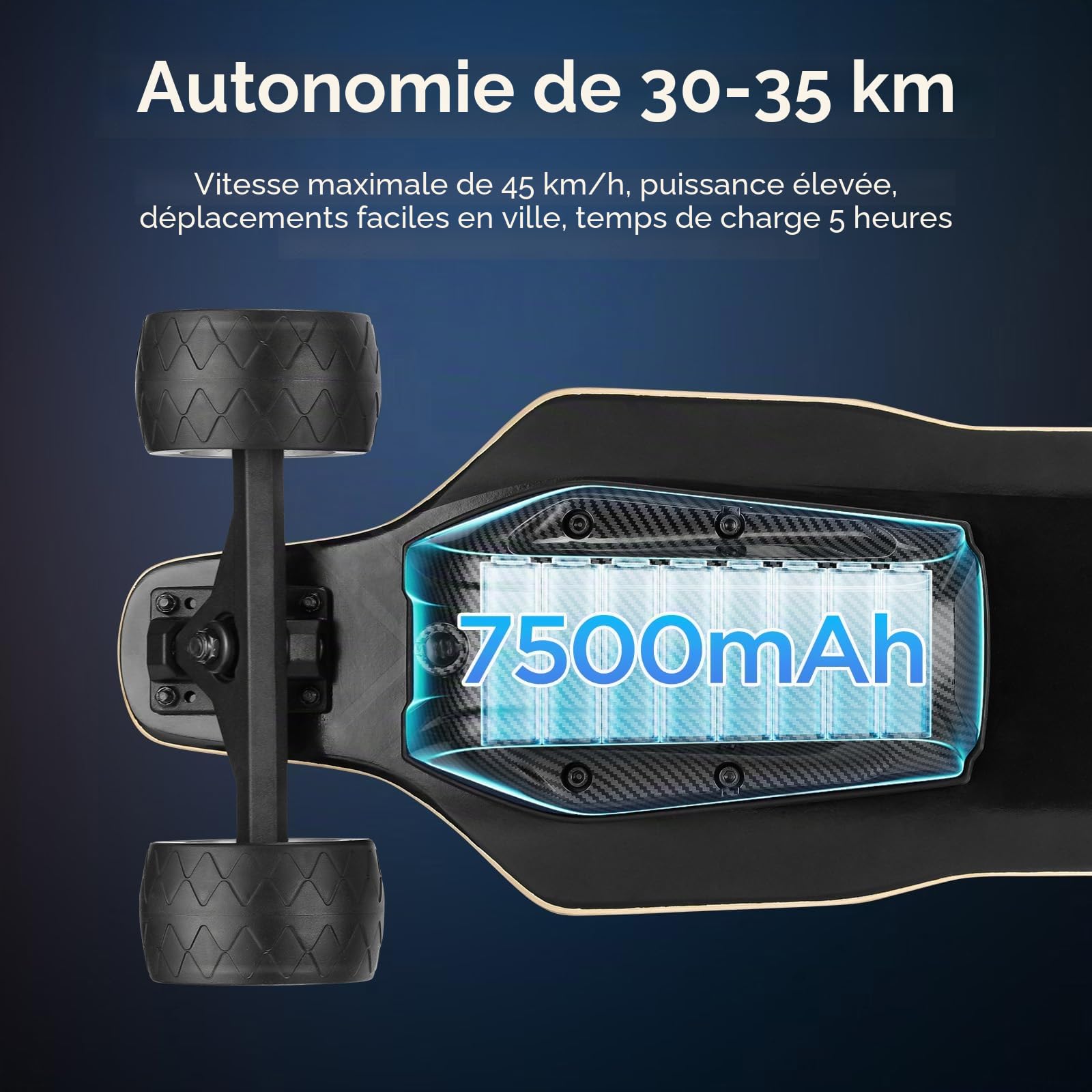 Skateboard électrique de qualité supérieure | Double moteurs de 550 W | Vitesse maximale 45 km/h | Portée de 30 km | Télécommande | Idéal pour la Route