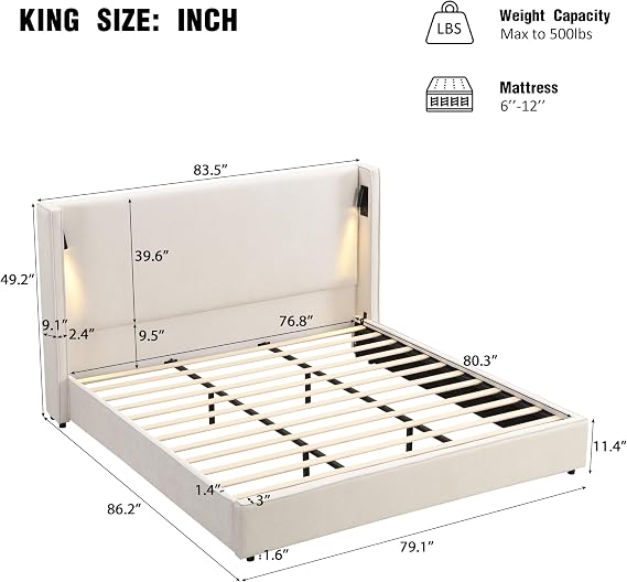 Christopher Knight Home Hazel 49.20 H King Headboard Bed, Upholstered King Size Bed, Slats Panel Support Platform, No Spring Box Needed, Wingback Headboard with Reading Lamps and USB, Beige