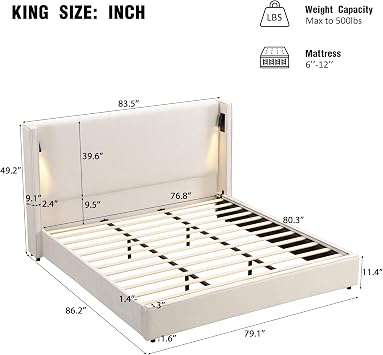 Christopher Knight Home Hazel 49.20 H King Headboard Bed, Upholstered King Size Bed, Slats Panel Support Platform, No Spring Box Needed, Wingback Headboard with Reading Lamps and USB, Beige