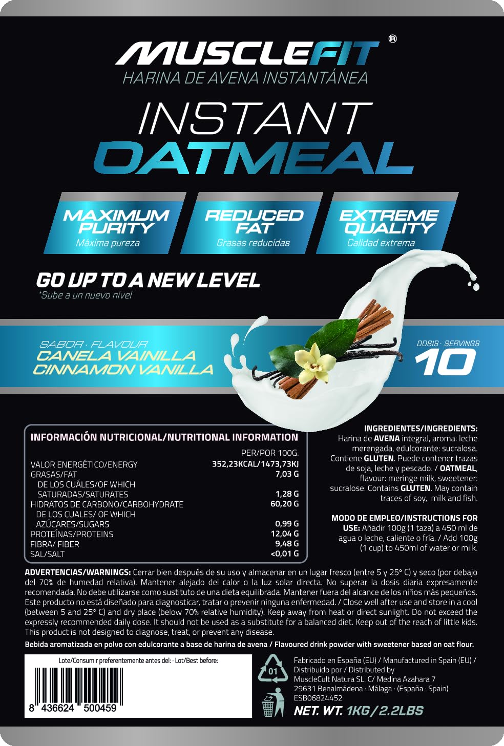 MuscleFit Harina de Avena Integral | 1kg de Avena Molida | Sabor Vainilla y Canela | Oatmeal | Bajo en grasas — view 2