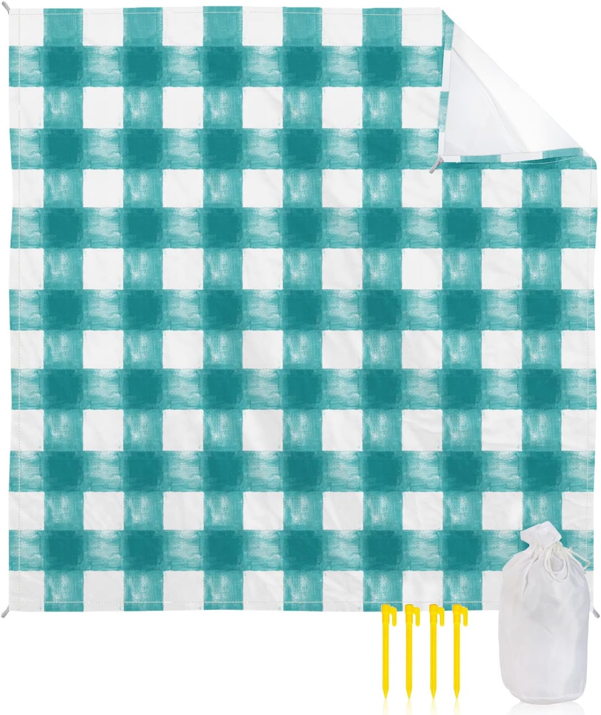 Farmhouse Watercolor Art Classic Checkered Beach Blanket Waterproof Sandproof Outdoor Picnic Mat 83"x79" Buffalo Gingham Lightweight Large Beaach Blankets with 4 Stake & 4 Corner Pockets