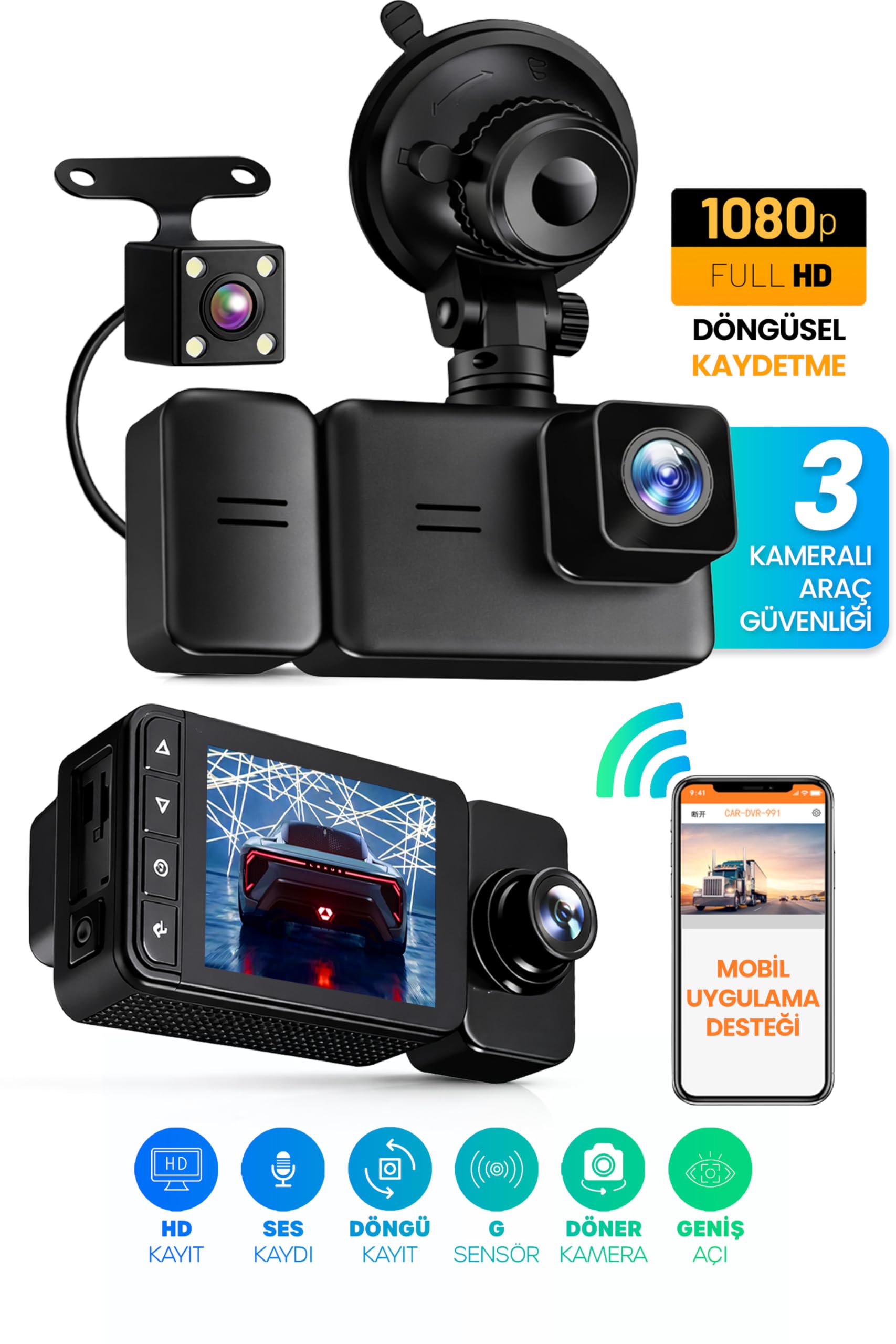 3 Kameralı Wifi Ekran Araç Kamerası FullHD Geniş Ön + Arka + Araç İçi Kamera Hareket Sensörü EF1313