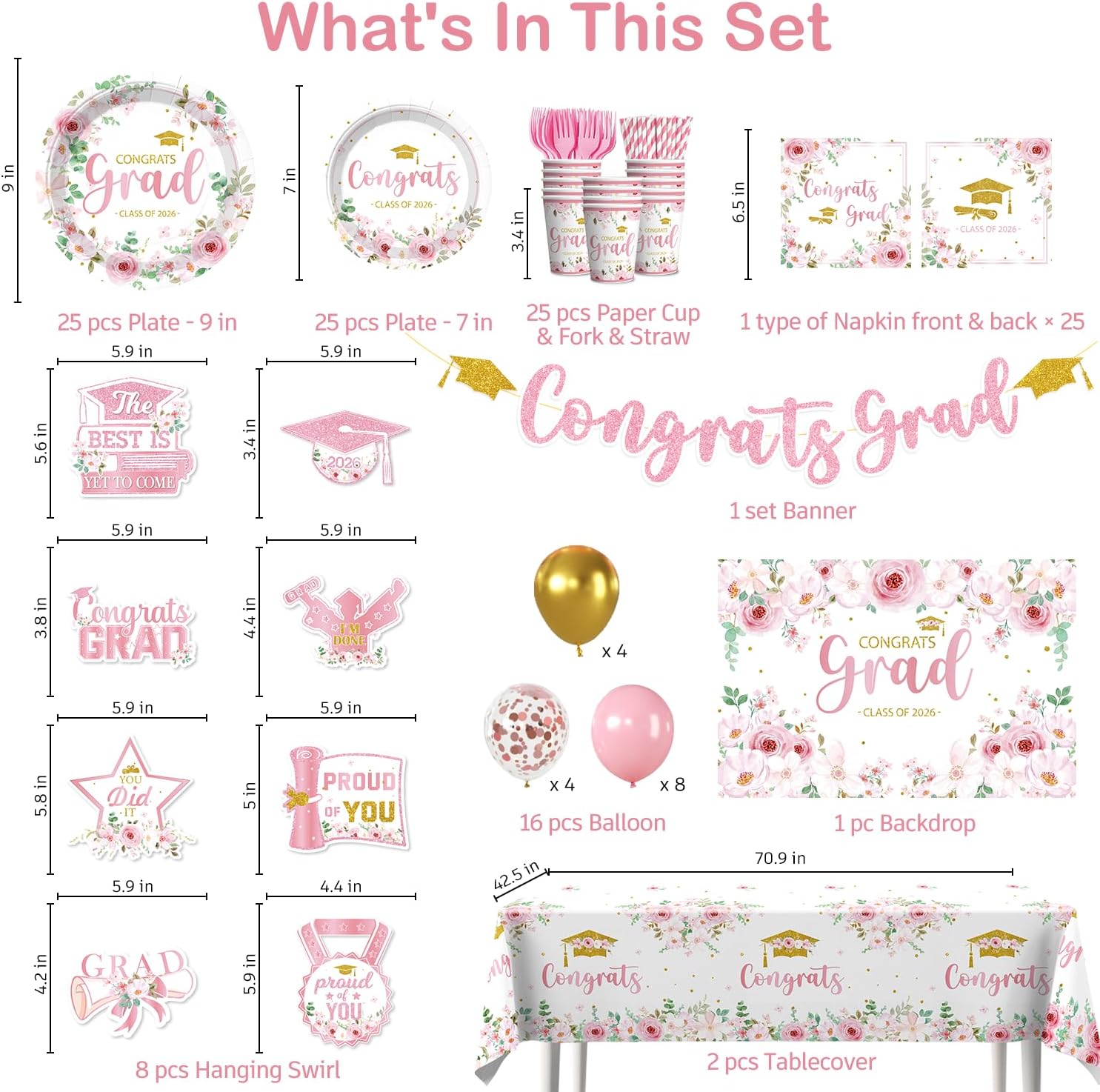 Xynic 186 Pcs Pink Graduation Decorations for Female Graduates, Disposable Paper Floral Graduation Decorations Include Congrats Grad Plates and Napkins Tablecloths Banner for Class of 2026