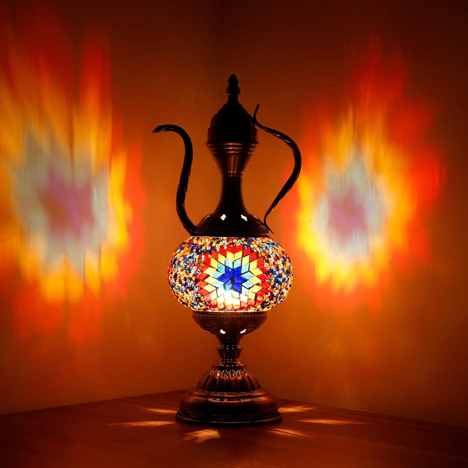 Marrakech Turkish Handmade Mosaic Moroccan Style Glass Table Lamp with E12 LED Bulb (Red Blue)
